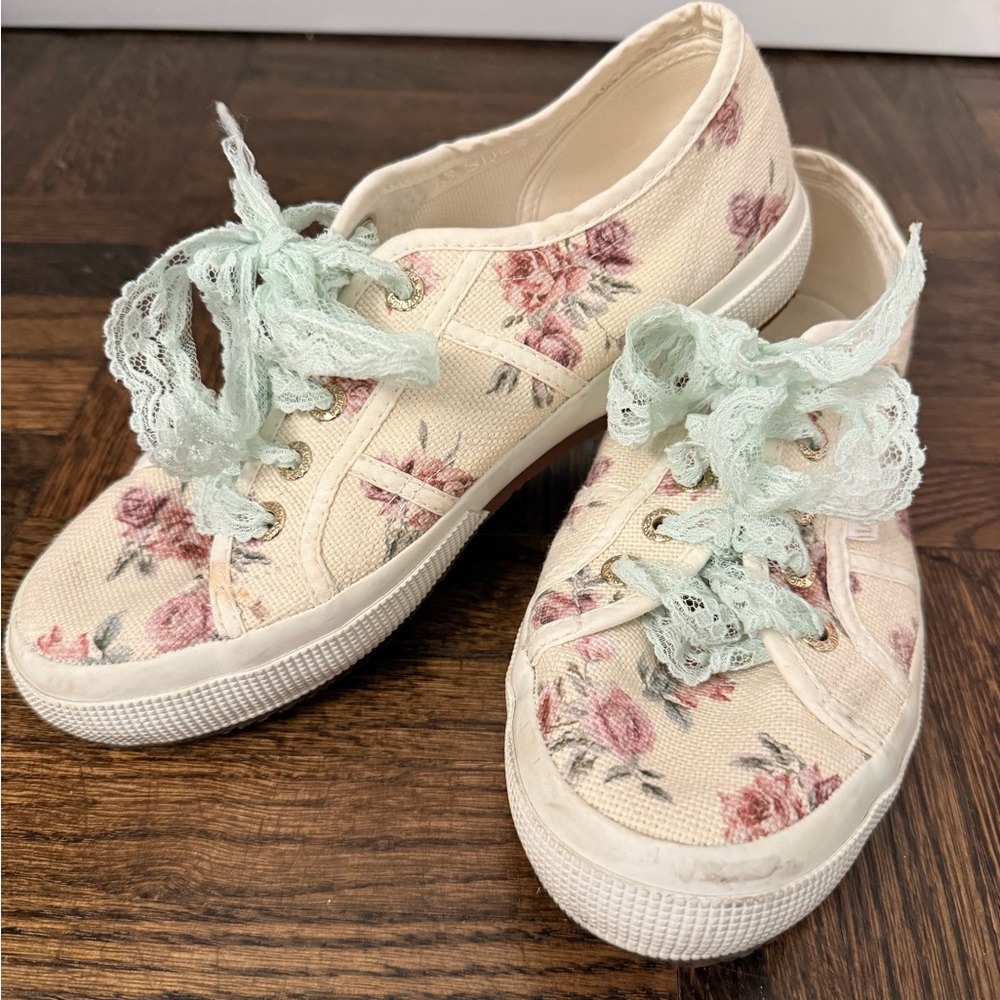 LoveShackFancy SUPERGA Cream Canvas Sneakers with Pink Rose Print and Mint Lace